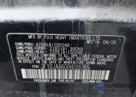 2016 Subaru Impreza 2.0I from USA, damaged, VIN JF1GJAA60GH016365